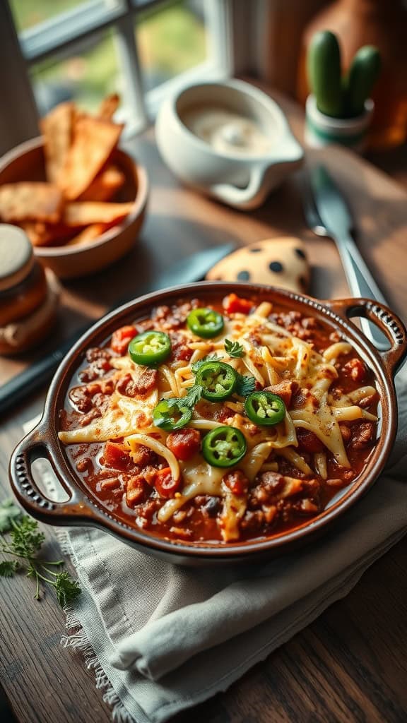 A delicious bowl of Chili Cheese Cowboy Casserole topped with jalapeños and cheese.