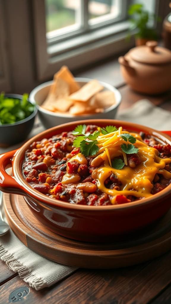 Chili Cheese Hamburger Casserole in a red dish topped with cheese and cilantro