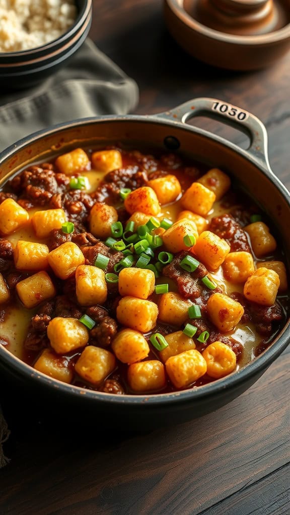 A hearty chili cheese tater tot casserole topped with crispy tater tots and green onions.