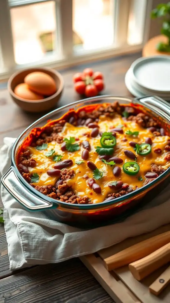 A delicious Chili Cheeseburger Casserole topped with melted cheese and garnished with jalapeños.