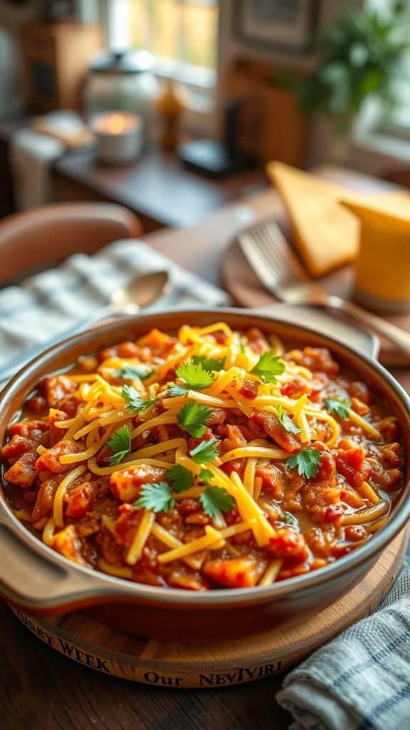 A hearty chili hashbrown casserole topped with crispy hashbrowns and shredded cheese, garnished with fresh cilantro.