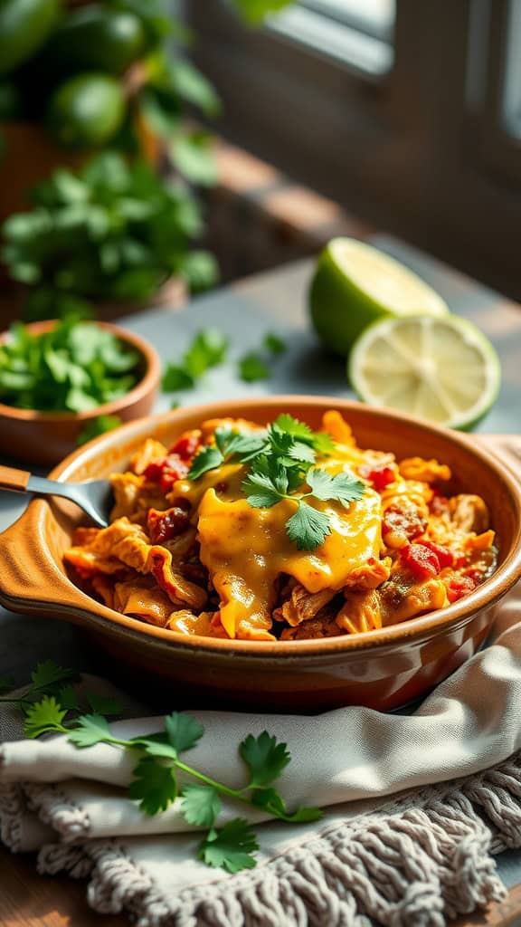 Chili Verde Chicken Casserole with shredded chicken, tomatillo sauce, and melted cheese.