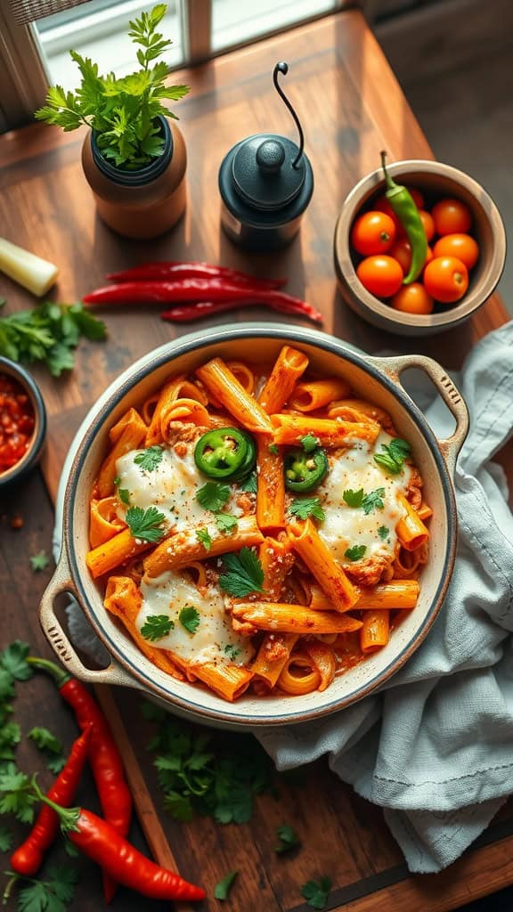 A delicious and creamy chipotle chicken pasta bake topped with melted cheese and garnished with cilantro.