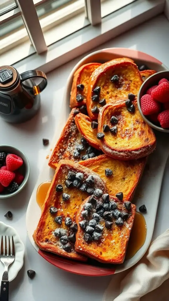 Chocolate Chip French Toast Casserole served with berries and syrup