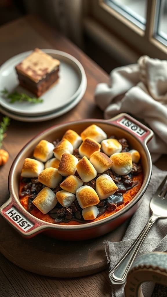 Chocolate Ganache Sweet Potato Casserole topped with toasted marshmallows