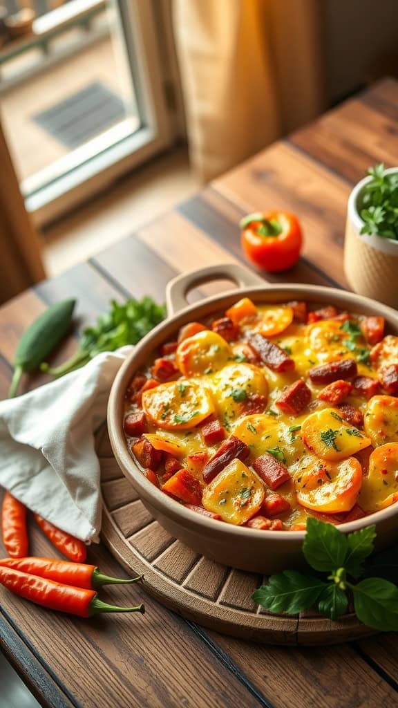 A delicious Chorizo and Pepper Breakfast Casserole with layers of cheese and vegetables.