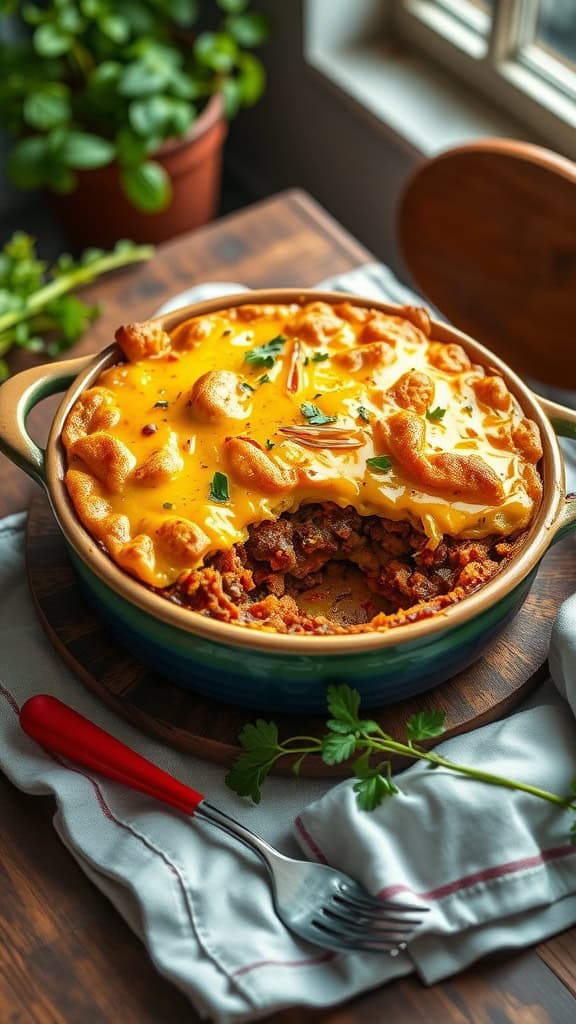 A delicious chorizo cheeseburger casserole with a golden cornbread topping.