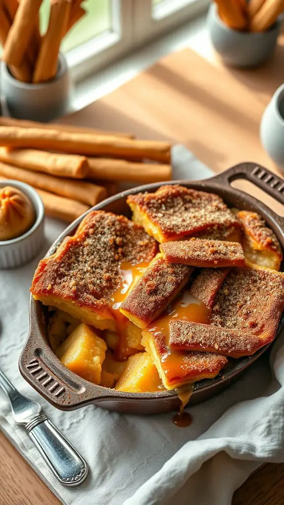 Churro French Toast Casserole topped with caramel