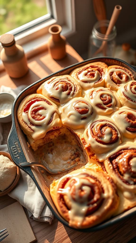 A delicious cinnamon roll casserole topped with creamy icing, ready to be served.