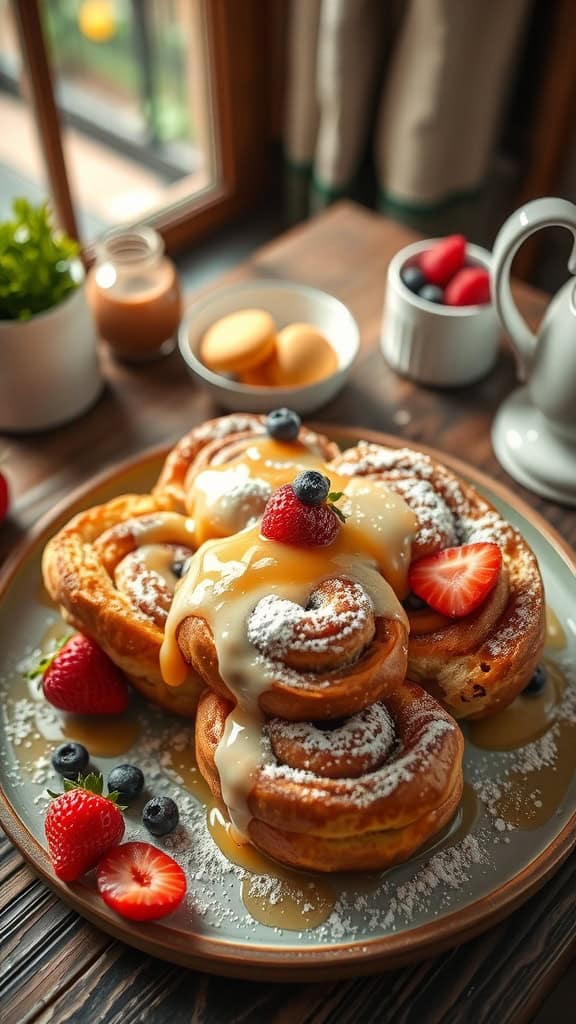 A plate of Cinnamon Roll French Toast Bake topped with fresh berries and icing.