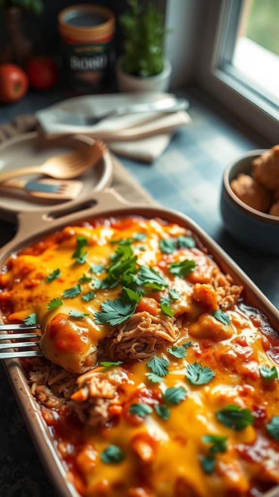 A delicious chicken enchilada casserole with layers of chicken, cheese, and sauce.