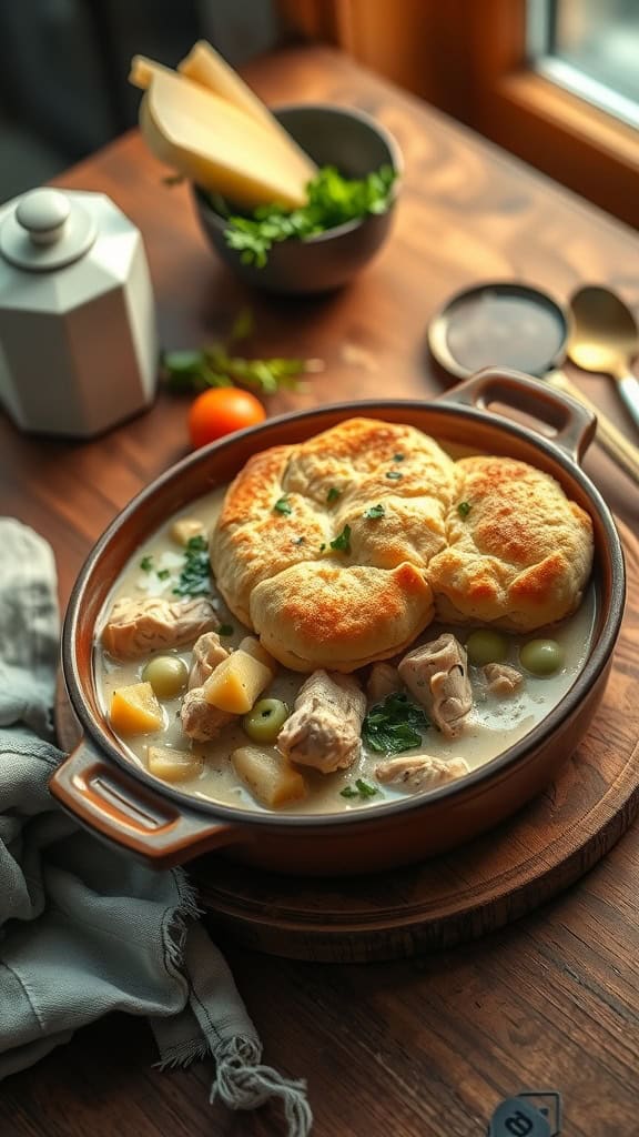 Classic chicken pot pie casserole with creamy chicken and biscuits