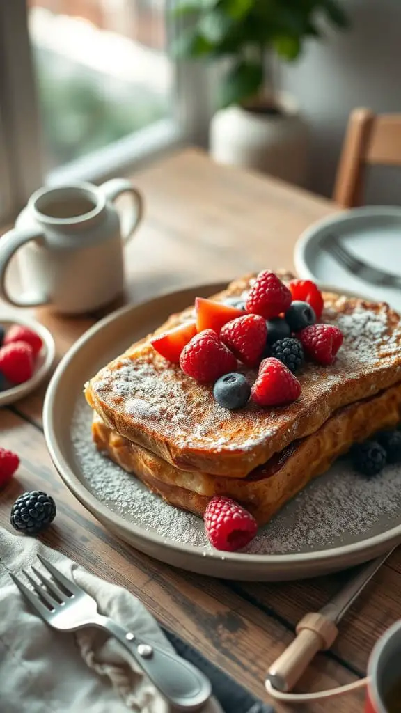 A delicious serving of Classic Cinnamon French Toast Casserole topped with berries.