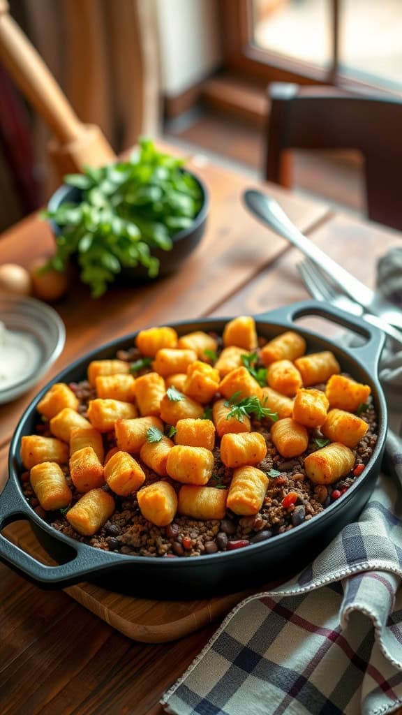 A hearty cowboy casserole topped with crispy tater tots.