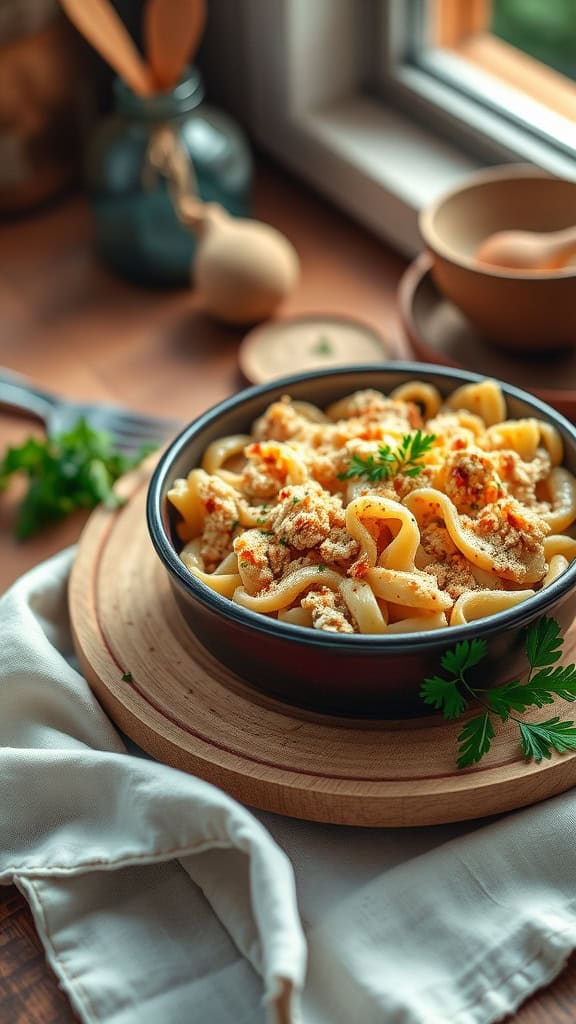 A bowl of creamy tuna noodle casserole topped with breadcrumbs, garnished with parsley.