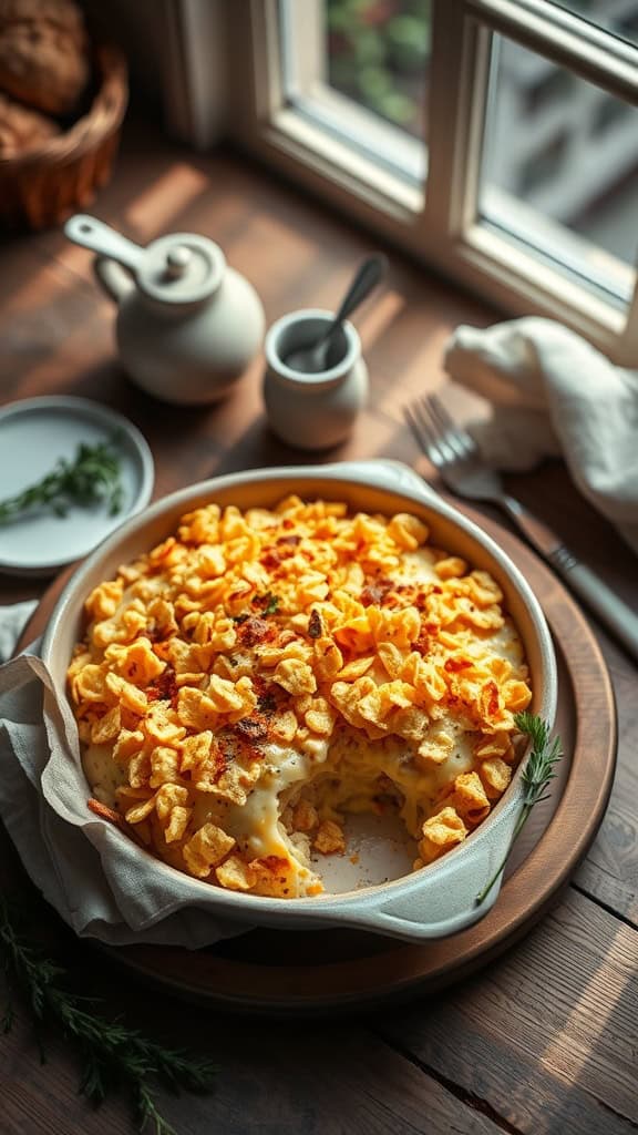 A delicious hashbrown casserole topped with crispy cornflakes, ready to be served.