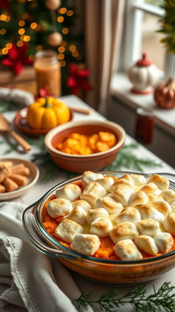 Classic sweet potato casserole topped with marshmallows, perfect for holiday gatherings.