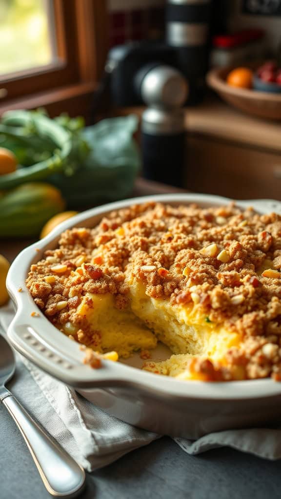 A creamy Southern squash casserole with a crispy breadcrumb topping