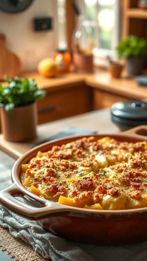 A creamy, cheesy Southern squash casserole topped with crispy breadcrumbs, ready to be served.