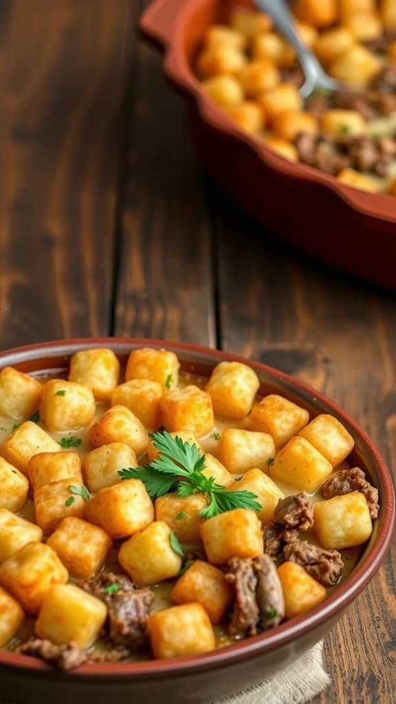 A hearty Tater Tot Casserole with crispy tater tots on top, made with ground beef and mushroom soup.