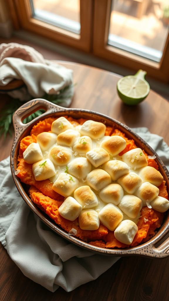 Coconut-Lime Sweet Potato Casserole topped with toasted marshmallows and lime zest.