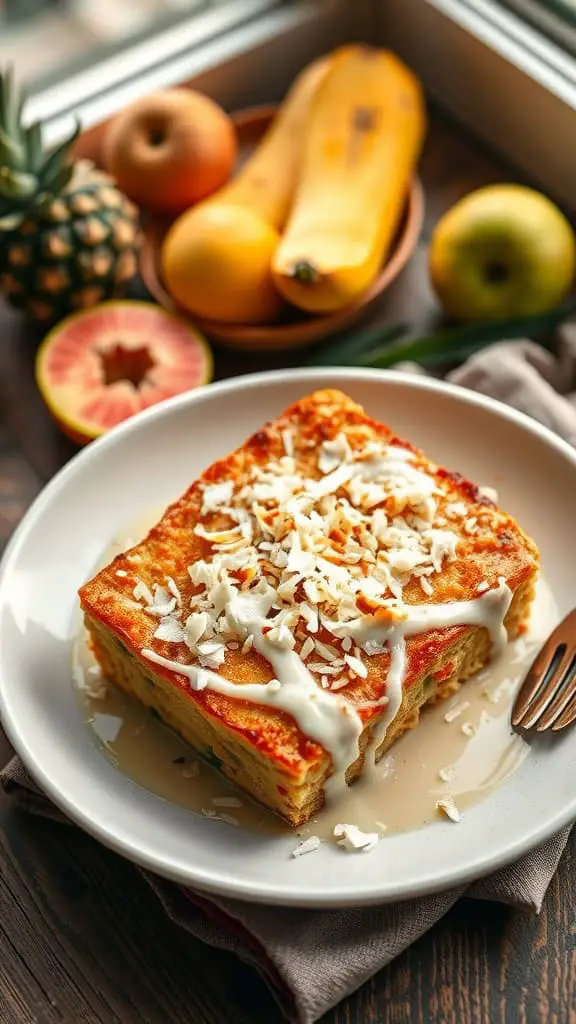 A serving of coconut cream french toast casserole topped with shredded coconut and a creamy glaze.