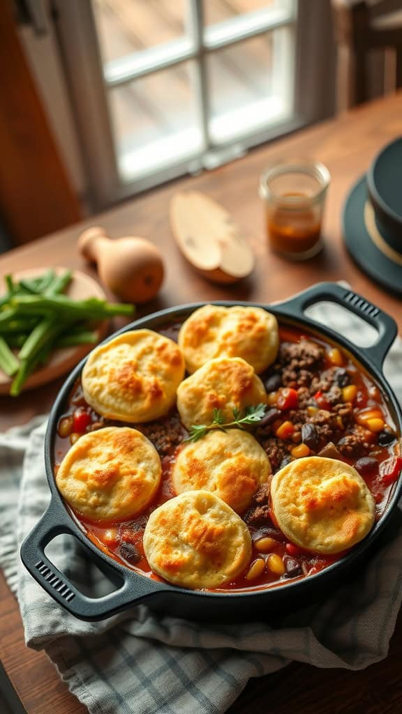 Cowboy casserole pot pie with biscuit topping