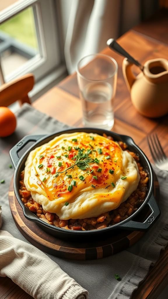 A comforting cowboy casserole shepherd's pie topped with creamy mashed potatoes and melted cheese.