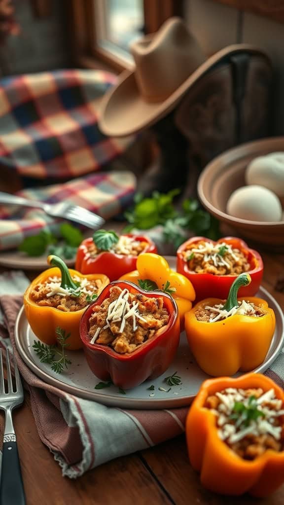 A plate of colorful stuffed bell peppers filled with a savory meat and cheese mixture, garnished with cilantro.