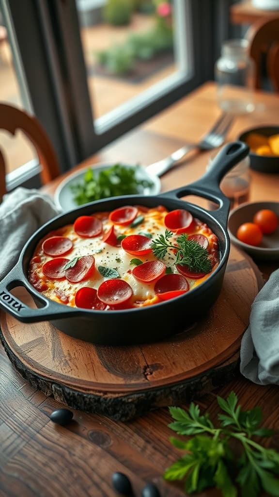 A delicious casserole dish with pepperoni, mozzarella, and marinara on a cornbread base.