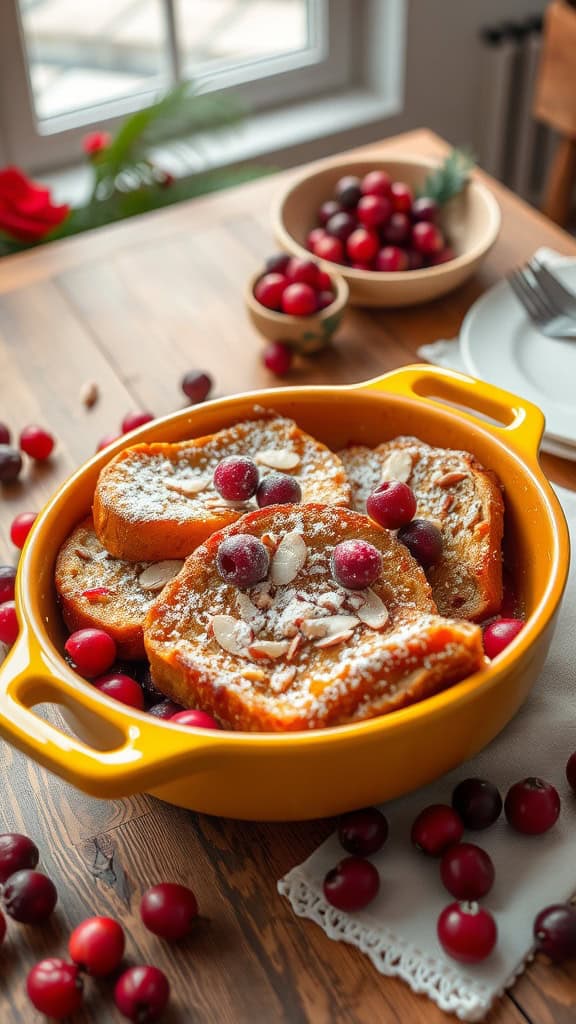 A festive breakfast casserole with cranberry and almond toppings.