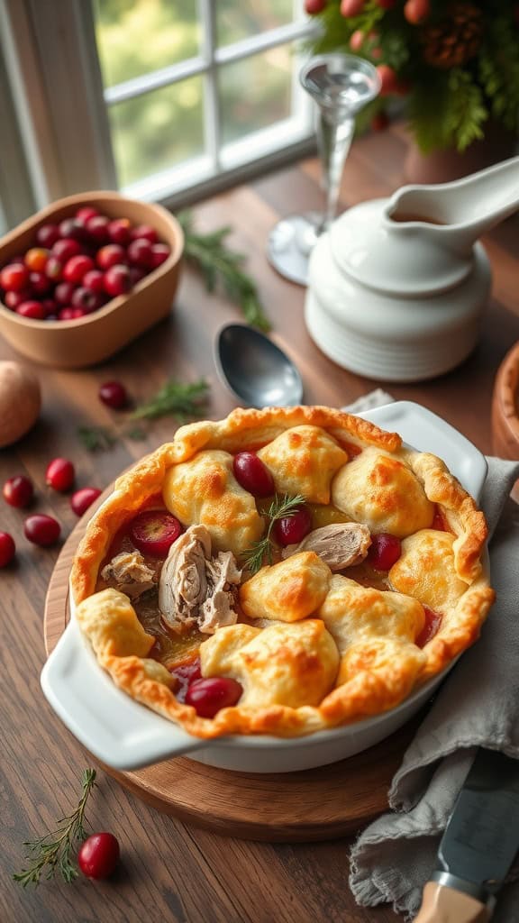 A holiday-inspired Cranberry Chicken Pot Pie Casserole with a golden crust and cranberry toppings.