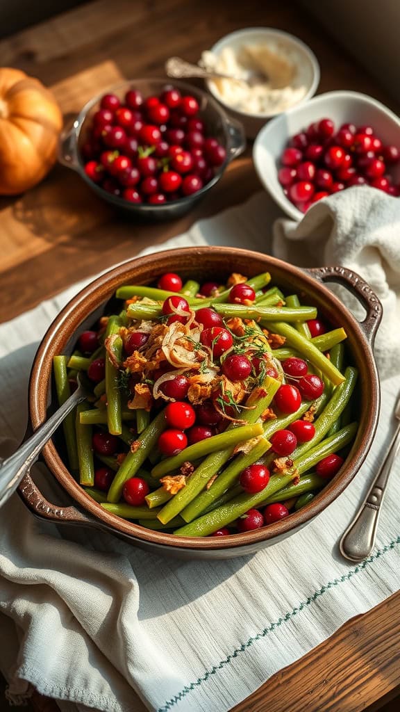 A bowl of Cranberry Green Bean Casserole with crispy fried onions and cranberries.