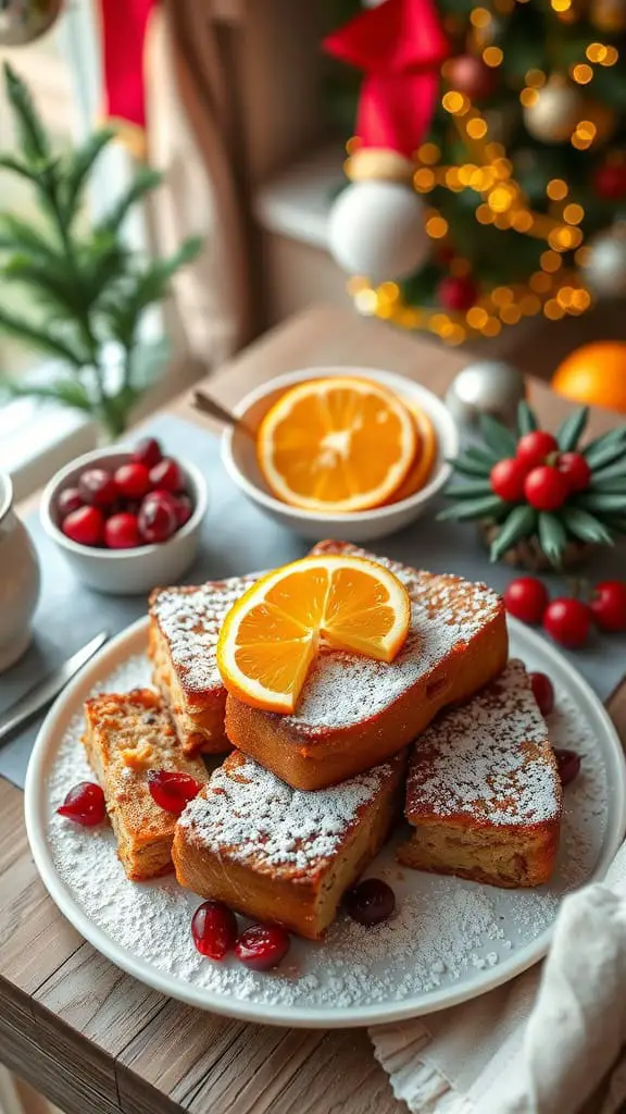 Cranberry Orange French Toast Casserole served with cranberries and orange slices