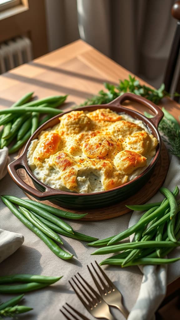 A delicious Cream Cheese Green Bean Bake with a golden topping.