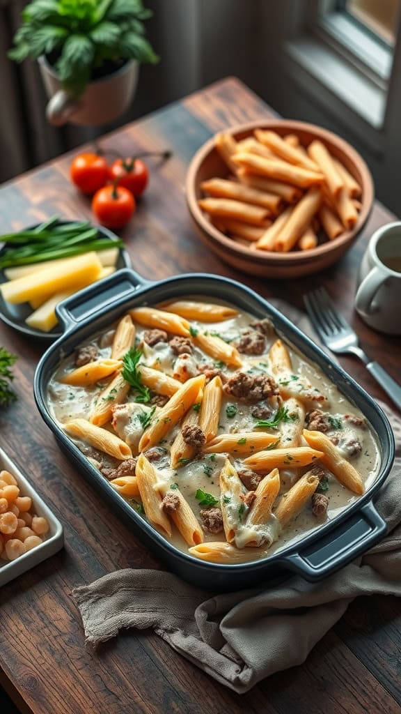 Creamy Alfredo Hamburger Casserole with pasta and ground beef