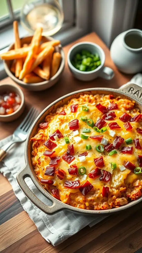 Creamy Bacon Ranch Hashbrown Casserole with bacon and cheese toppings.