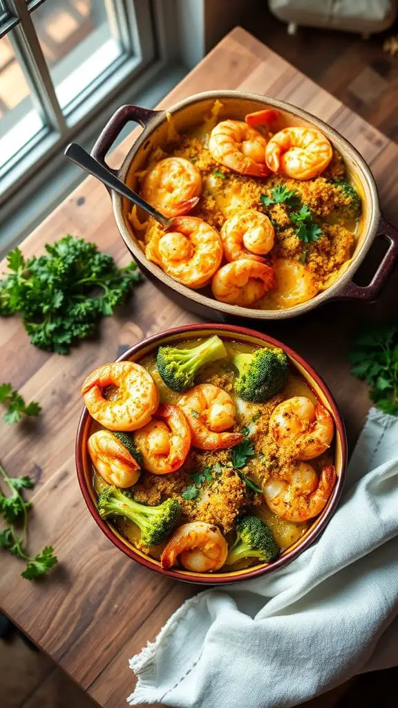 Creamy broccoli and shrimp casserole with a cheesy topping and fresh broccoli