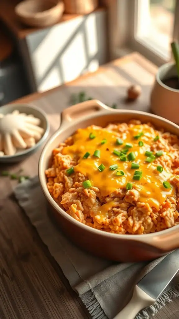 Creamy Buffalo chicken rice casserole topped with melted cheese and green onions.