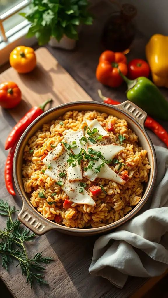 A delicious creamy Cajun chicken rice casserole with cheese and spices.