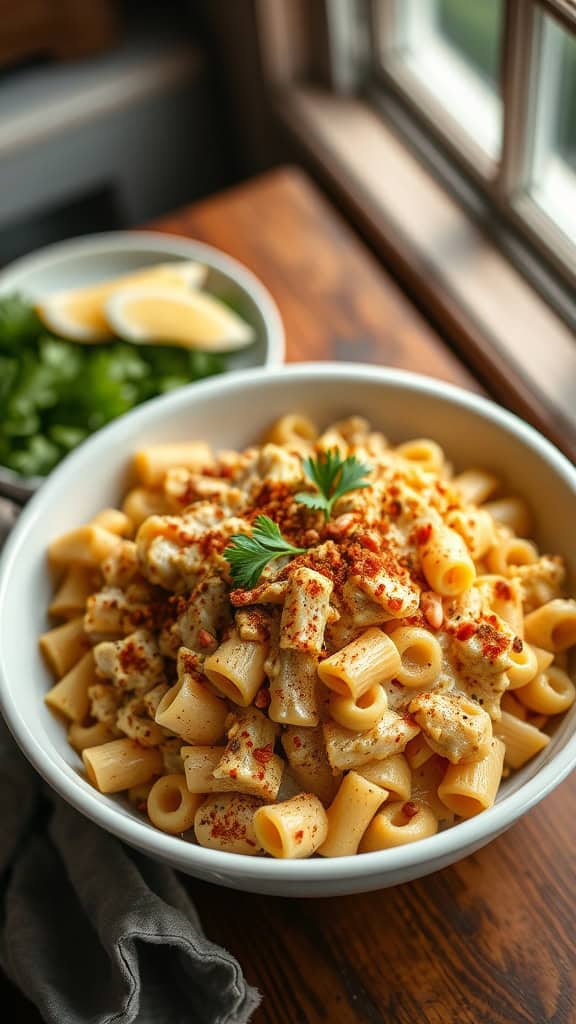 A bowl of creamy Cajun tuna noodle casserole topped with spices and herbs