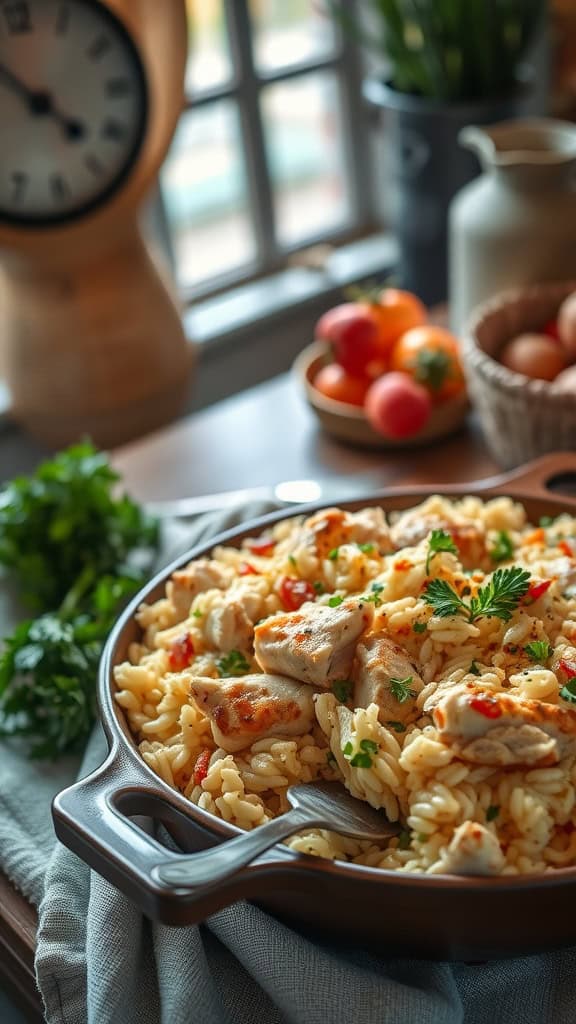 A delicious creamy chicken and rice casserole served in a bowl, featuring tender chicken and rice.