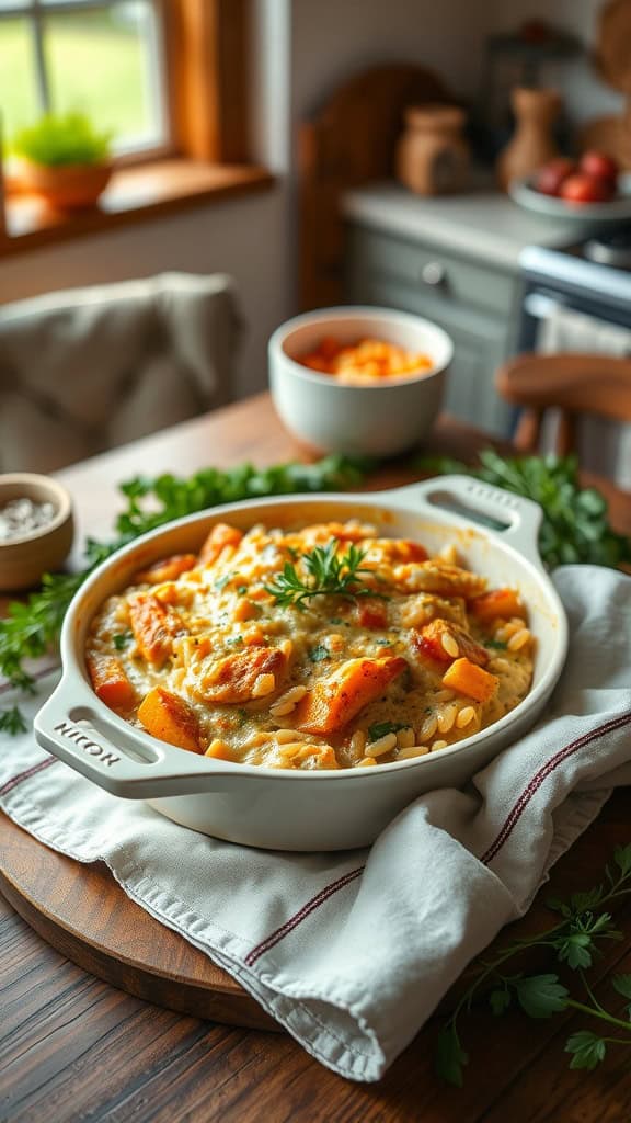 Creamy Chicken, Squash, and Wild Rice Casserole in a baking dish.