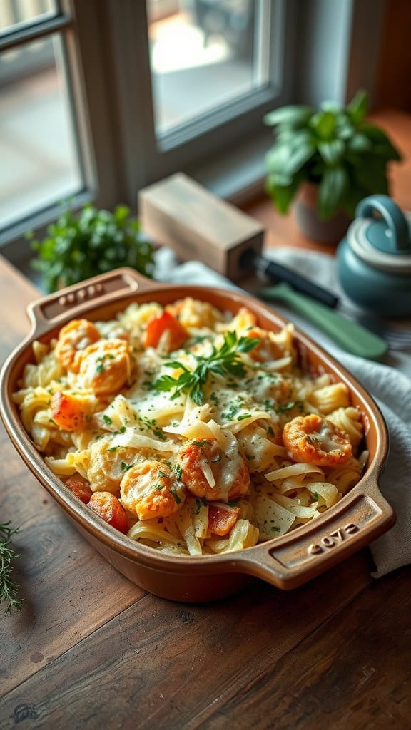 A creamy garlic hashbrown casserole with golden crust and garnished with green onions.