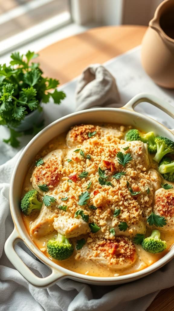 Creamy Garlic Parmesan Chicken Broccoli Casserole with breadcrumbs and broccoli