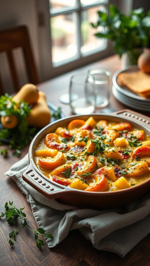 A delicious creamy herb squash casserole topped with fresh herbs and cheese