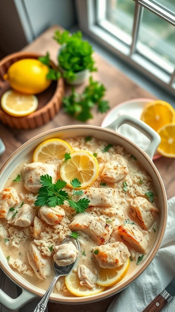 A creamy lemon chicken casserole with rice and lemon slices, garnished with fresh herbs.