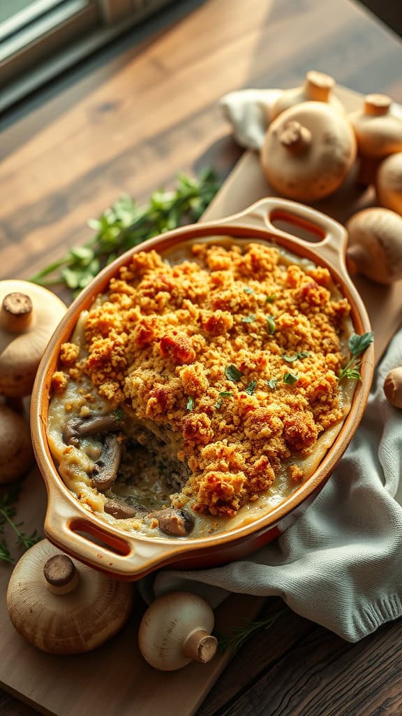 A creamy mushroom hamburger casserole topped with crushed cornflakes, placed on a wooden table surrounded by mushrooms.