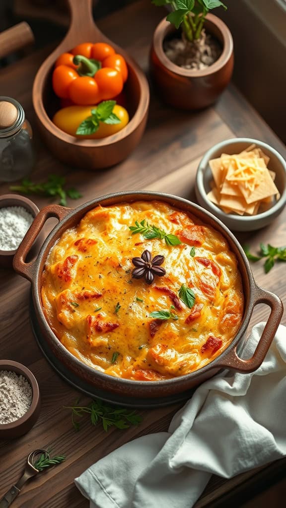 A creamy ranch cowboy casserole topped with cheese, served in a rustic dish.