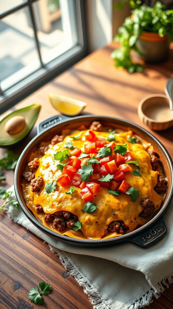 A delicious creamy ranch taco casserole topped with cheese, tomatoes, and cilantro